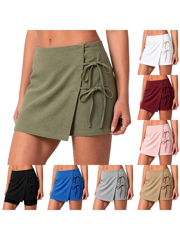 Women's Wrap Front Linen Skirt Shorts Drawstring Knot Side Skort Shorts Summer Casual Khaki L