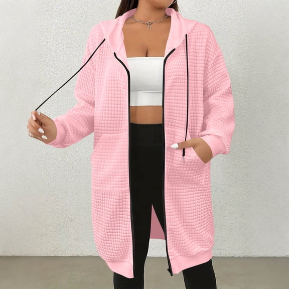 Kinrui Women's Zip Up Hoodies Long Sleeve Waffle Long Tunic Sweatshirts Oversized Casual Fall Jacket Coat with Pocket Pink L