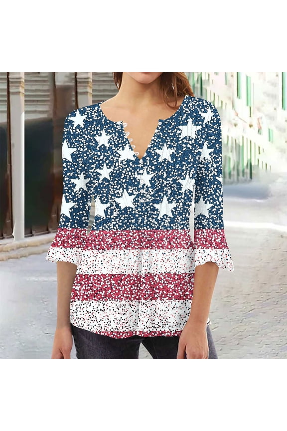Womens 250th Anniversary USA Blouses 4th of July American Flag Shirts Cute 3/4 Bell Sleeve V Neck Patriotic Tunic Tops Navy L