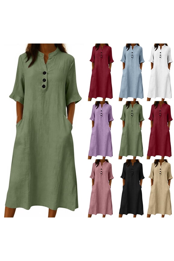 Womens 3/4 Ruffle Sleeve Dresses Casual Henley V Neck Button Dress Summer Gauze Maxi Dress with Pockets Wine XL