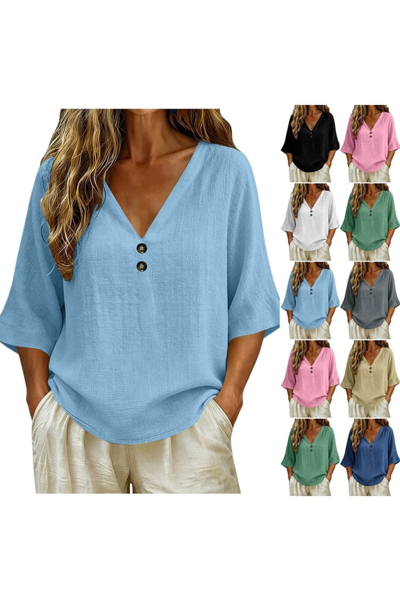 Womens 3/4 Sleeve Linen Shirt Button V Neck Fit Tops Spring Summer Casual Blouse Beach Vacation S-2XL