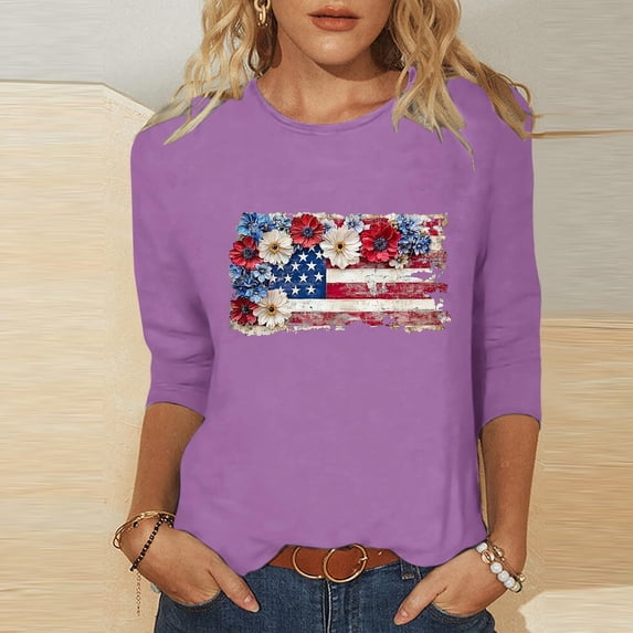Kinrui Womens American Flag Graphic Tees Causal 3/4 Sleeve 250th Anniversary USA Shirts Cute Crew Neck Stars Stripes Print Patriotic Tops Plus Size Purple 2XL