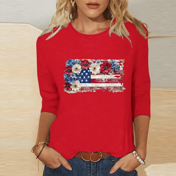 Kinrui Womens American Flag Graphic Tees Causal 3/4 Sleeve 250th Anniversary USA Shirts Cute Crew Neck Stars Stripes Print Patriotic Tops Plus Size Red S