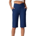 thumbnail image 1 of Kinrui Womens Bermuda Shorts Knee Length Crossover Waist Yoga Athletic Long Shorts with Pockets Blue M, 1 of 7