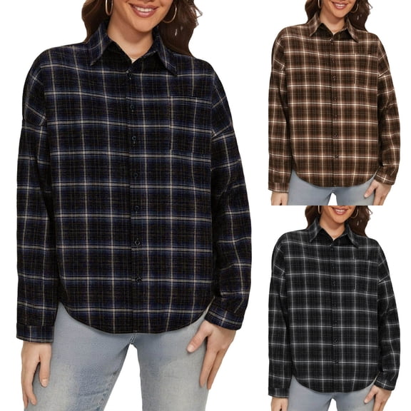 Kinrui Womens Button Down Flannel Shirts Long Sleeve Plaid Shackets Fall Spring Loose Fit Boyfriend Business Casual Blouse Top Dark Blue,M