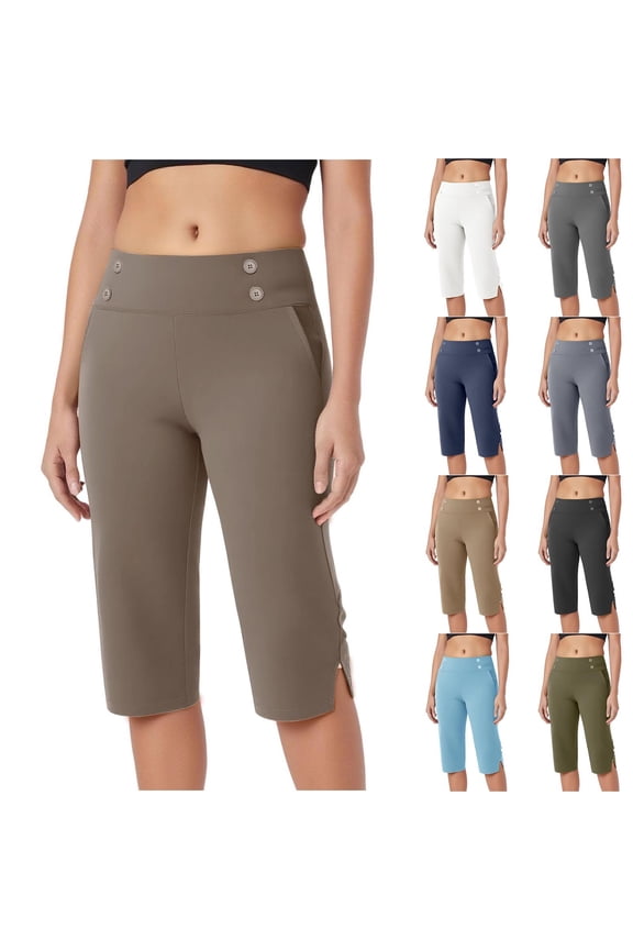 Womens Capri Dressy Pants Casual Stretch High Waisted Crop Work Pants Yoga Capris Slacks with Pocket Army Green L