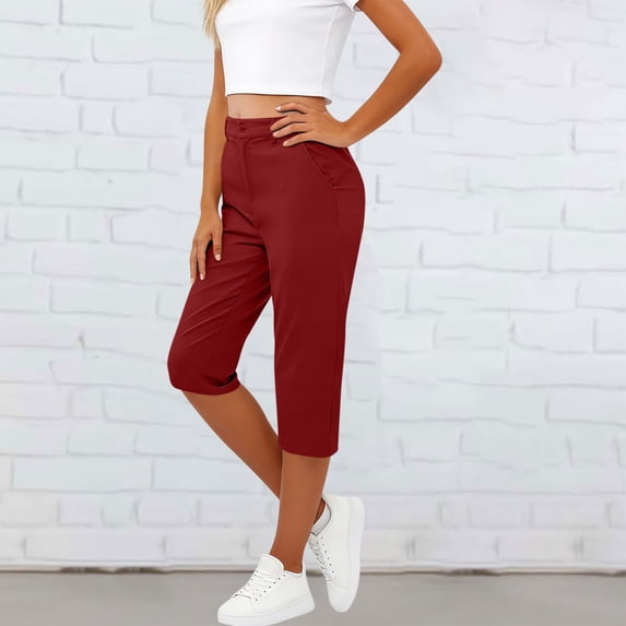 Kinrui Womens Capri Pants High Waisted Straight Leg Yoga Capris Leggings with Pockets Crop Workout Summer Pants Wine XL