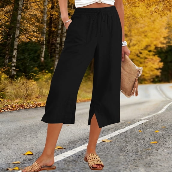Kinrui Womens Capris Pants Casual Wide Leg Side Split Beach Crop Pants Summer Drawstring Elastic Waist Trousers Black L