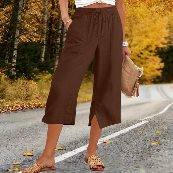Kinrui Womens Capris Pants Casual Wide Leg Side Split Beach Crop Pants Summer Drawstring Elastic Waist Trousers Coffee M