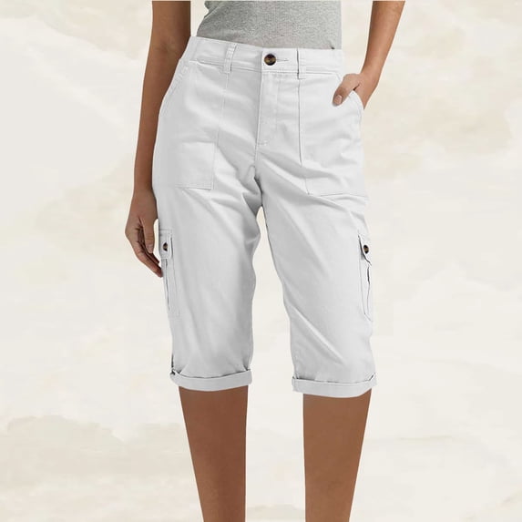 Kinrui Womens Capris with Pockets Stretch Lightweight Casual Cargo Pants Rolled Summer Outdoor Cropped Trousers White S