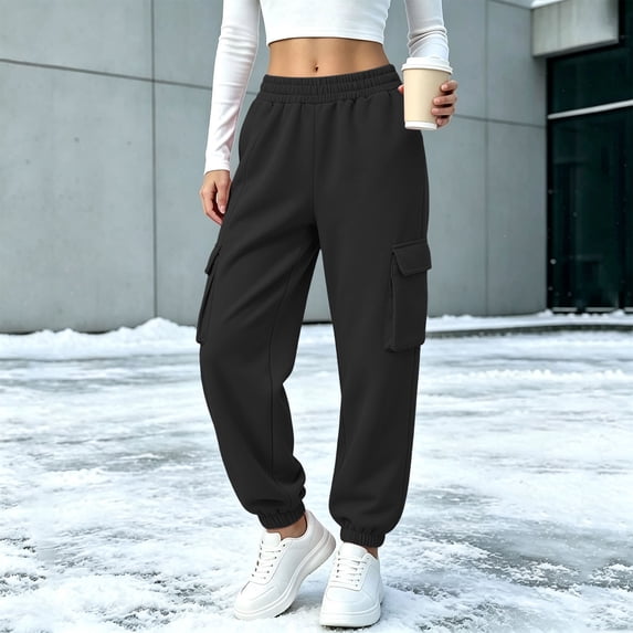 Kinrui Womens Cargo Sweatpants Thin Fleece Lined Sweat Pant Casual Elastic Waist Cinch Bottom Pants with Flap Pocket Black S