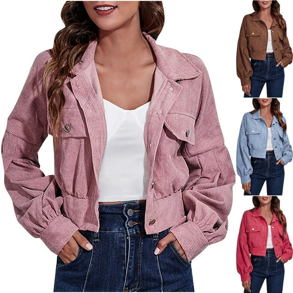 Kinrui Womens Corduroy Cropped Shacket Jacket Lantern Long Sleeve Button Down Shirts Short Casual Blouses Tops Pink,S