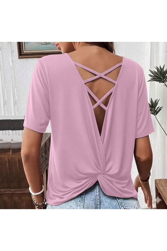 Womens Criss Cross Back T-Shirts Backless Twist Knot Tops Short Sleeve Workout Tees S-3XL