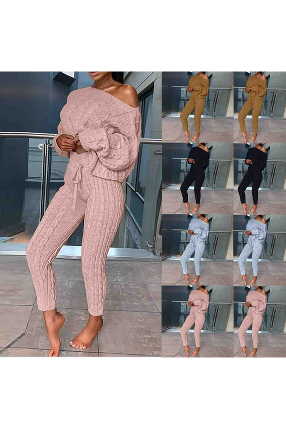 Womens Fall Cable Knit Set Winter Long Sleeve Pullover Sweater Tops & Long Pants 2 Piece Outfits Tracksuit Loungewear Pink,S