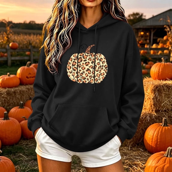 Kinrui Womens Fall Hoodies Cute Pumpkin Leopard Graphic Sweatshirts Novelty Long Sleeve Holiday Pullover Black M