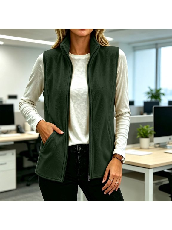 Womens Fleeve Vest Outerwear Sleeveless Lightweight Zip Up Jackets Stand Collar Inner Layer Soft Vests with Pockets for Hiking Travel Casual Army Green XXL