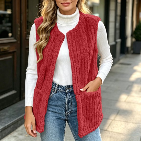 Kinrui Womens Fuzzy Fleece Vests Casual Open Front Sherpa Cardigan Sleeveless Cozy Warm Jacket Fall Soft Lightweight Lounge Wear with Pockets Red XL