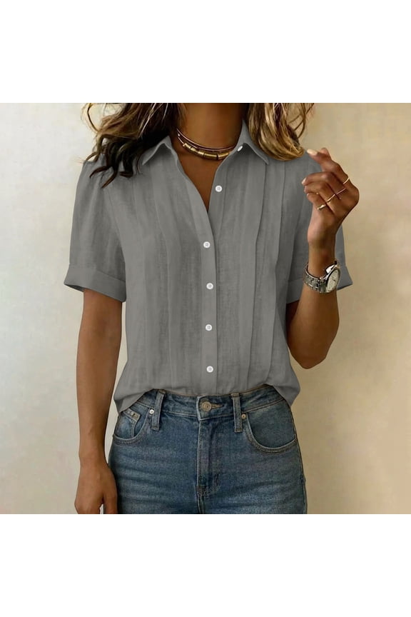 Womens Gauze Shirts Short Sleeve Button Down Tops Casual Textured Collared Summer Work Blouses