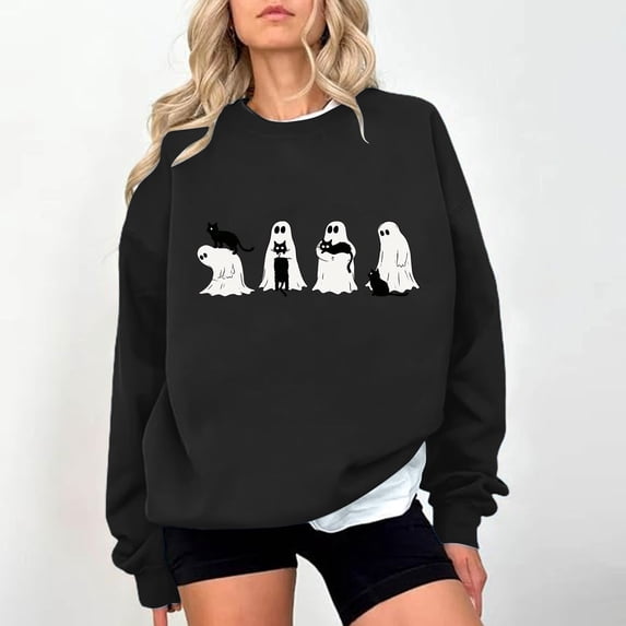 Kinrui Womens Halloween Spooky Season Sweatshirt Black Cat Ghost Sweatshirts Funny Cute Long Sleeve Oversized Tops M