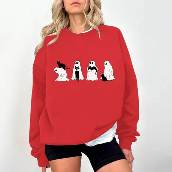 Kinrui Womens Halloween Spooky Season Sweatshirt Black Cat Ghost Sweatshirts Funny Cute Long Sleeve Oversized Tops XL