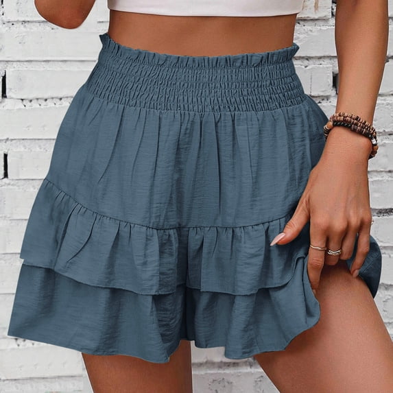 Kinrui Womens High Waist Ruffle Flowy Mini Skirts Casual Boho Layered Pleated Beach Short Skirt Navy XL
