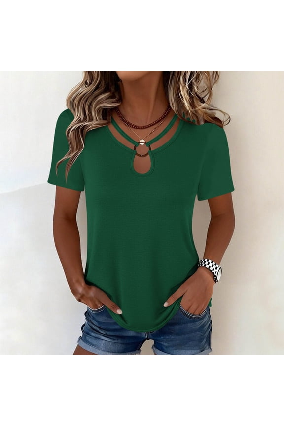 Womens Keyhole Neck Short Sleeve T-Shirt Casual Cut Out Ring Summer Tops Solid Color Tunics S-3XL