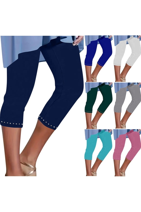 Womens Knee Lenght Carpi Leggings Rhinestone Workout Yoga Pants High Waist Stretchy Cropped Pants Black M