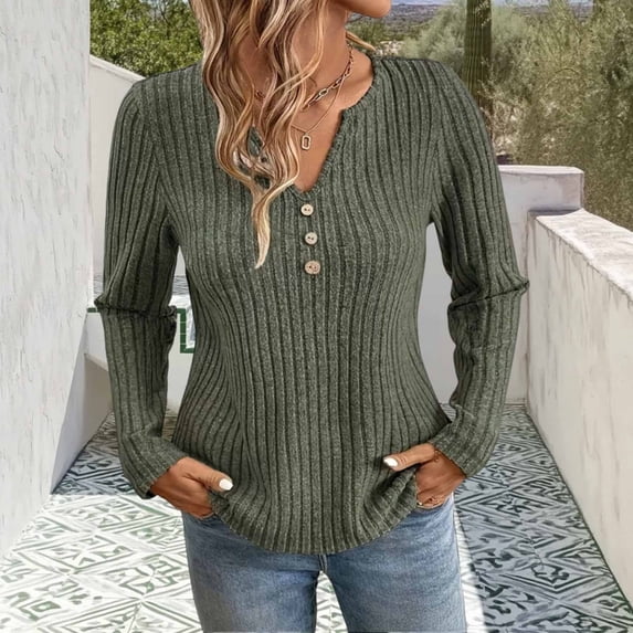 Kinrui Womens Lightweight Sweaters Long Sleeve Henley Shirts Casual Fall Button V Neck Tunic Tops Army Green S