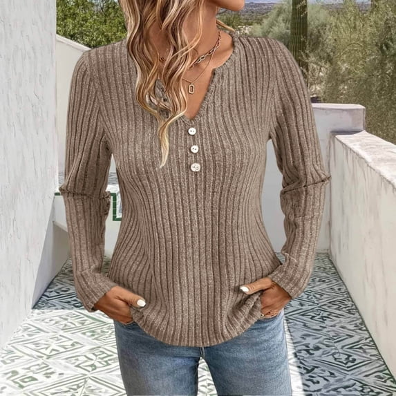 Kinrui Womens Lightweight Sweaters Long Sleeve Henley Shirts Casual Fall Button V Neck Tunic Tops Khaki 2XL