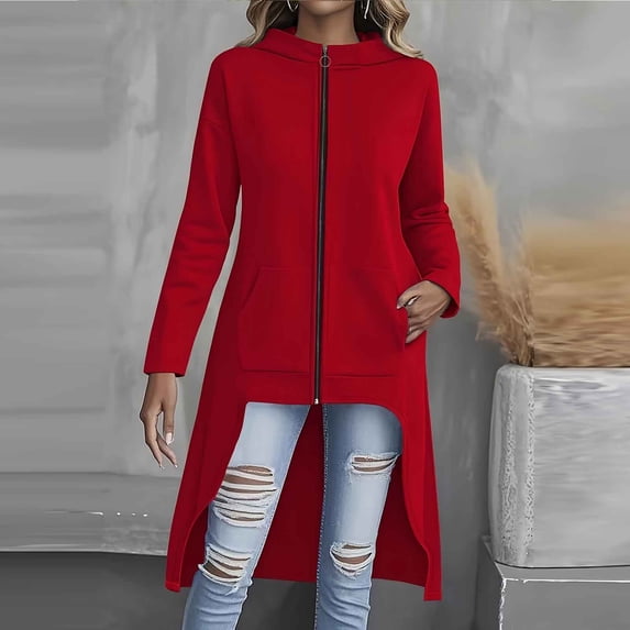 Kinrui Womens Long Hoodies Zip Up High Low Hem Hooded Sweatshirt Casual Fall Track Jacket Coat with Pockets Red L