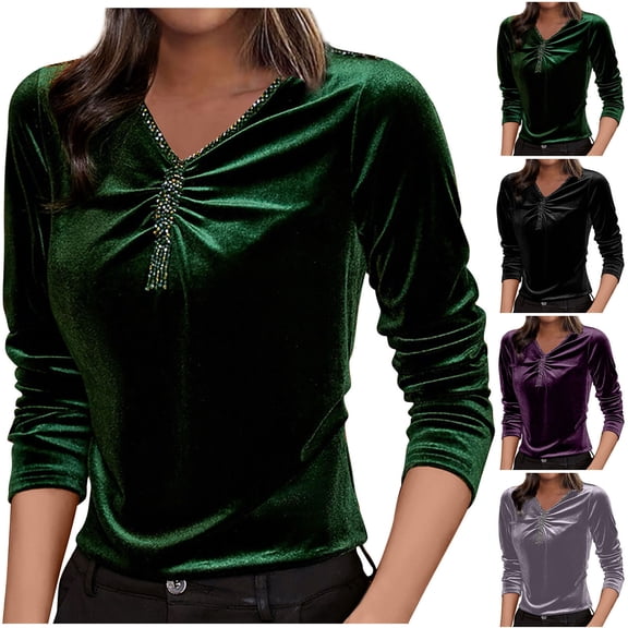 Kinrui Womens Long Sleeve Stretch V Neck Velvet T-Shirt Loose Fitted Casual Basic Tops Trendy Fashion Dressy Blouse Gray,M