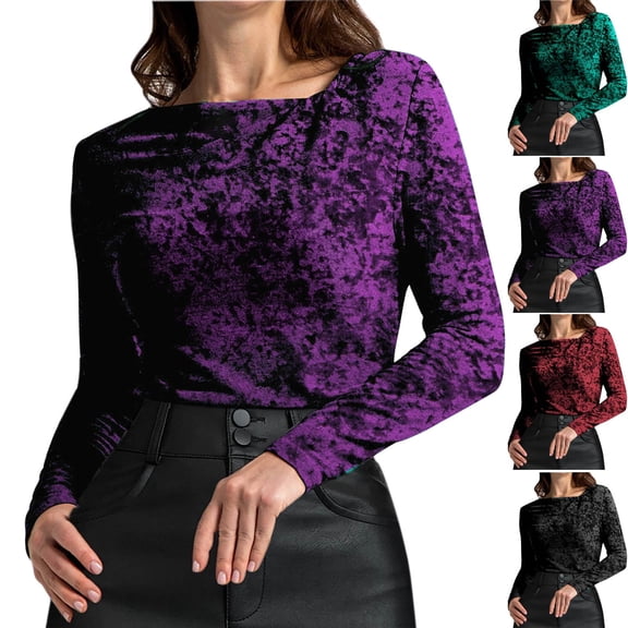 Kinrui Womens Long Sleeve Velvet Shirts Crew Neck Basic Stretchy Dressy Casual Tee Tops Elegant Business Work Office Blouse Purple,XXL