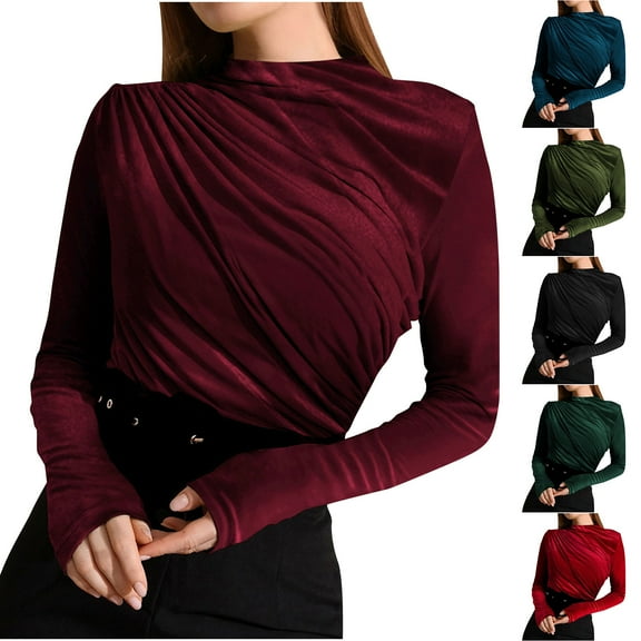Kinrui Womens Long Sleeve Velvet Shirts Crew Neck Ruched Tops Business Casual Blouses Tee Trendy Office Work T Shirt Black,L