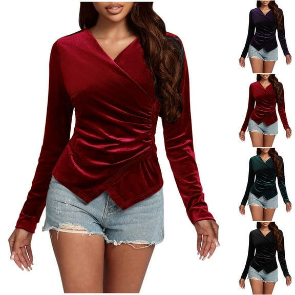 Kinrui Womens Long Sleeve Velvet Tops Cross Wrap V Neck Ruched Blouses Slim Fit Trendy Dressy Casual T-Shirts Wine,M