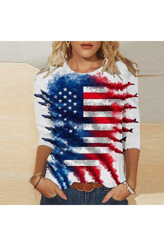 Womens Plus Size 3/4 Sleeve Shirts 250th Anniversary USA Patriotic Tops Causal American Flag Crew Neck Blouses Stars Stripes Graphic Tees Multicolor 2XL