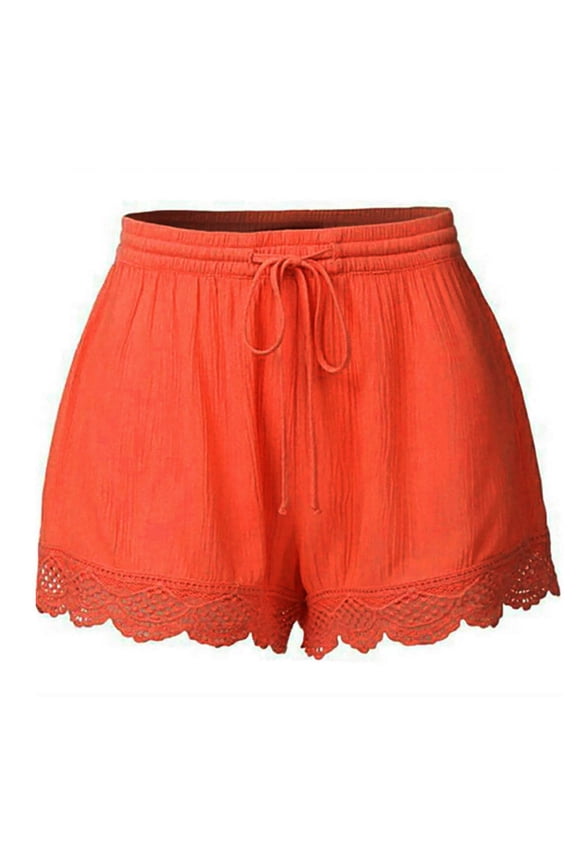 Womens Plus Size Summer Shorts Elastic Waist Lace Trim Shorts Drawstring Wide Leg Boho Shorts Pink L