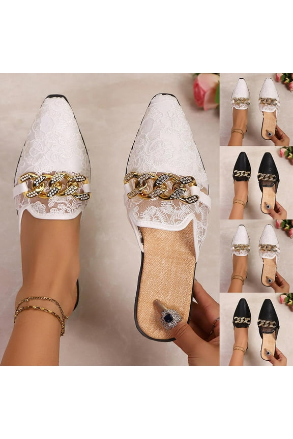 Womens Pointed Toe Metal Buckle Mesh Slip-On Flat Slippers Breathable Spring Summer Comfort 9