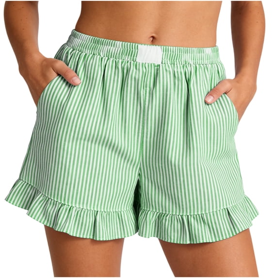 Kinrui Womens Ruffle Boxer Shorts Striped Pajama Shorts Summer Casual Beach Bottoms Pockets Green 2XL