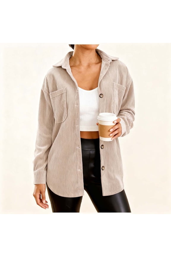 Womens Shackets Jacket Corduroy Long Sleeve Button Down Shirts Blouses Oversized Spring Fall Tops with Pockets Beige,XL