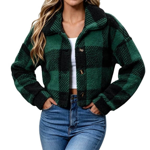 Kinrui Womens Sherpa Cropped Jackets Button Front Fuzzy Fleece Checkered Coats Trendy Plush Shackets Winter Warm Collar Outerwear S-2XL