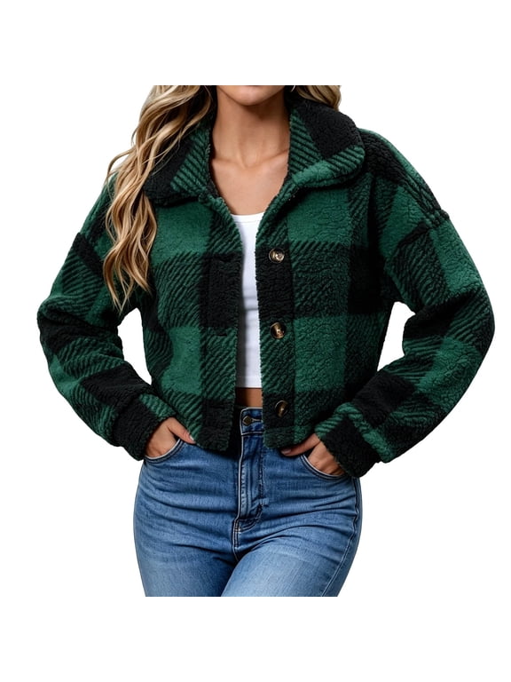 Womens Sherpa Cropped Jackets Button Front Fuzzy Fleece Checkered Coats Trendy Plush Shackets Winter Warm Collar Outerwear S-2XL