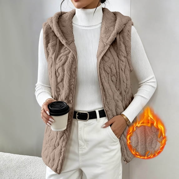 Kinrui Womens Sherpa Vest Textured Open Front Knit Flannel Vest Jackets Lightweight Outerwear with Pocket Brown S