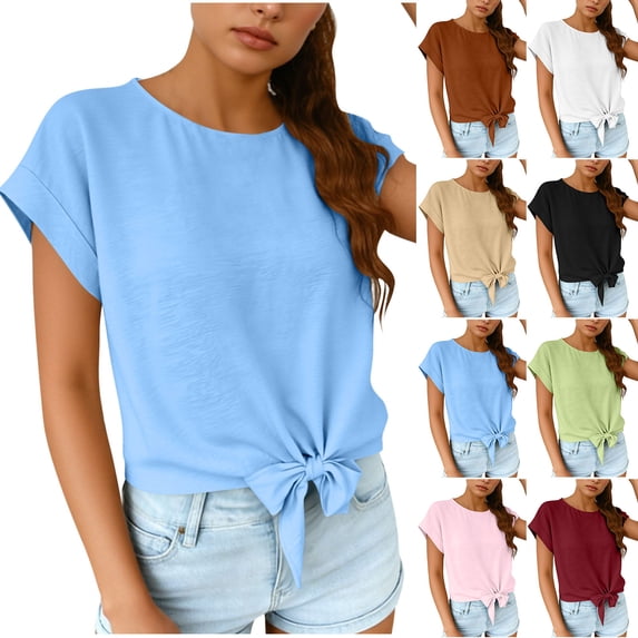 Kinrui Womens Short Sleeve T Shirts Tie Knot Front Tops Crewneck Cute Casual Solid Color Tee Blouse Green 2XL