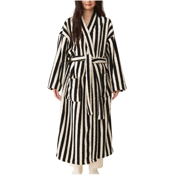 Kinrui Womens Striped Fluffy Robe Long Plush Fuzzy Warm Bathrobes Cozy Winter Warm Shower Spa House Long Robes Black XL