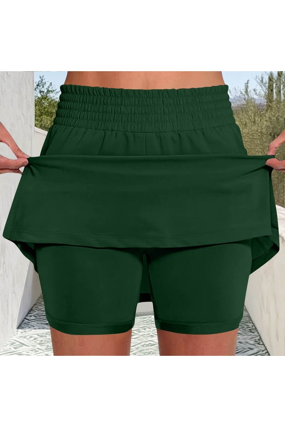Womens Summer Skorts Tummy Control Dressy Smocked Skort Casual Knee Length Tennis Skirt with Shorts Green 2XL