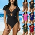 thumbnail image 1 of Kinrui Womens Swimsuits One Piece Tummy Control Bathing Suit Halter Triangle Tops V Neck Ruched Mesh Ruffled Swimwear Black,L, 1 of 6