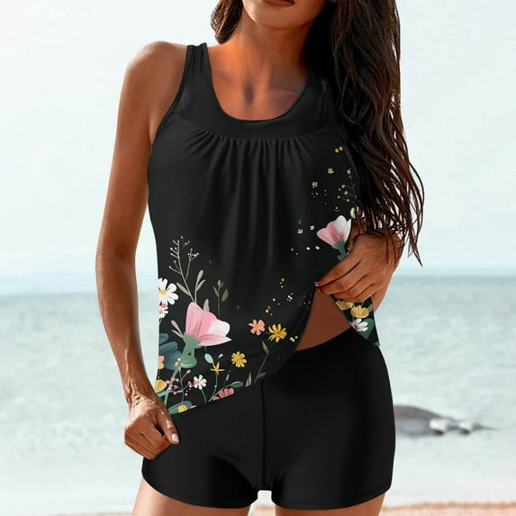 Kinrui Womens Tankini Bathing Suits with Boyshorts Modest Two Piece Swimsuit Floral Swim Tank Tops Tummy Control Swimwear Multicolor,S