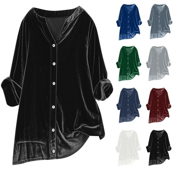 Kinrui Womens Tunic Tops to Wear with Leggings Plus Size Long Sleeve Velvet Shirts Loose Boyfriend V Neck Button Blouses Wine,M