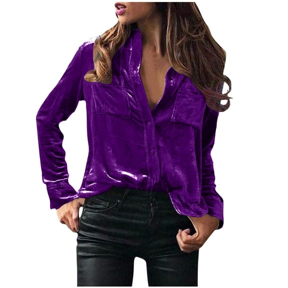 Kinrui Womens V Neck Button Down Velour Blouse Casual Long Sleeve Trendy Tops Vintage Loose Fit Office Work Shirt with Pockets Purple,S