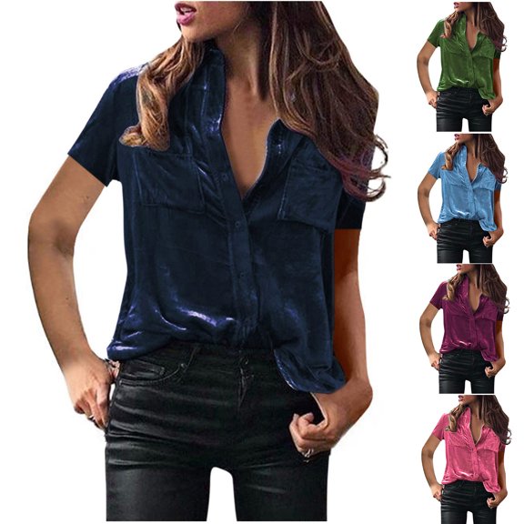 Kinrui Womens Velvet Tops Casual Vintage Short Sleeve Shirts Lapel Button Down Shirt Business Evening Party Velour Blouses with Pockets Purple,M